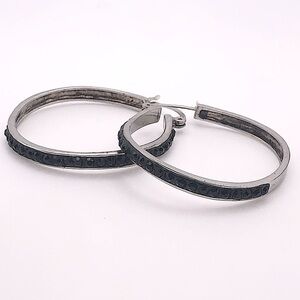 𝅺vtg Sterling Silver & Black Cz Stone Wavy Shape Hoop Earrings - 1.5”